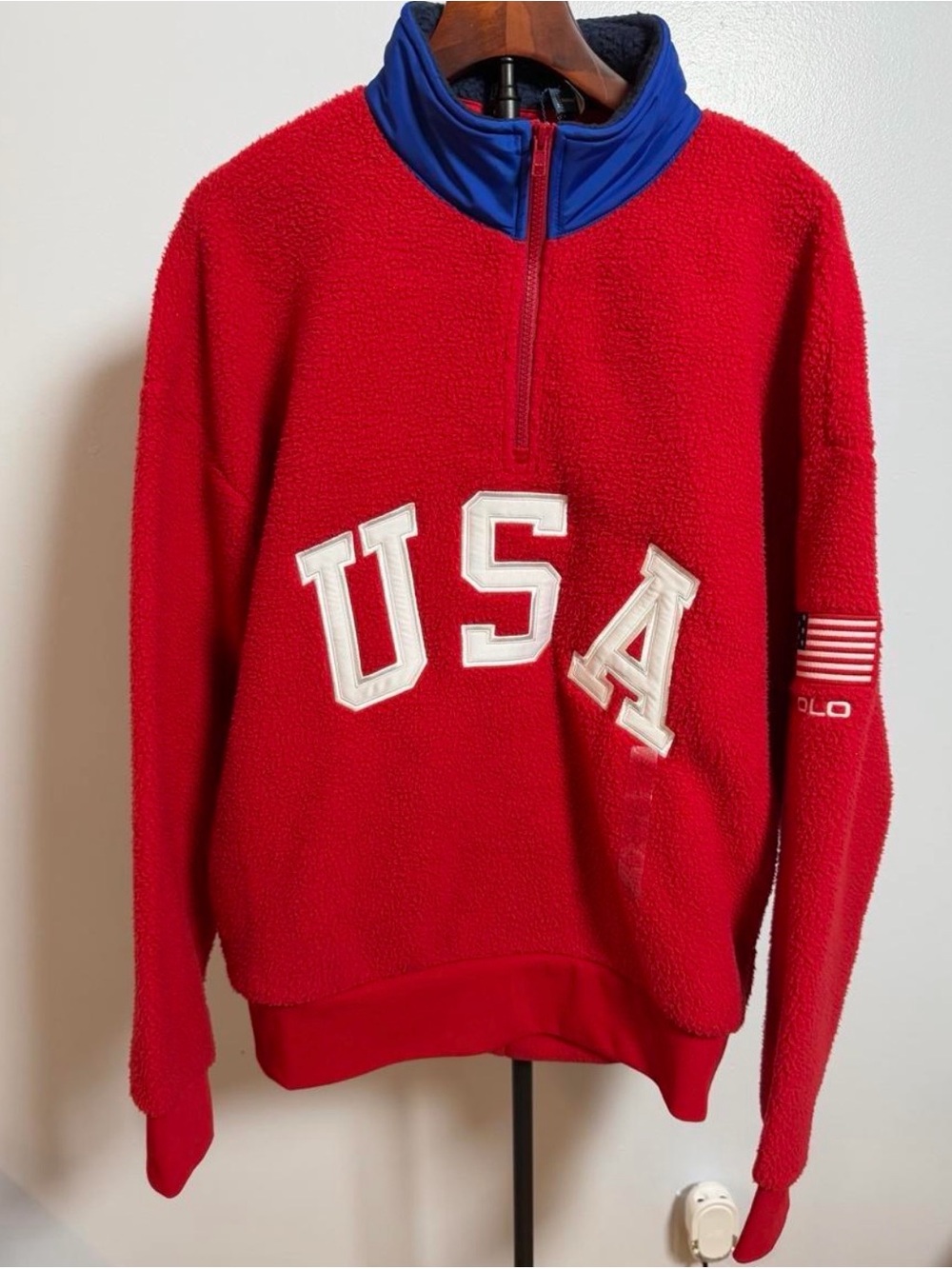 NWOT Polo Ralph Lauren Red USA FLAG 1/4 Zip Pile Fuzzy Fleece Pullover Large